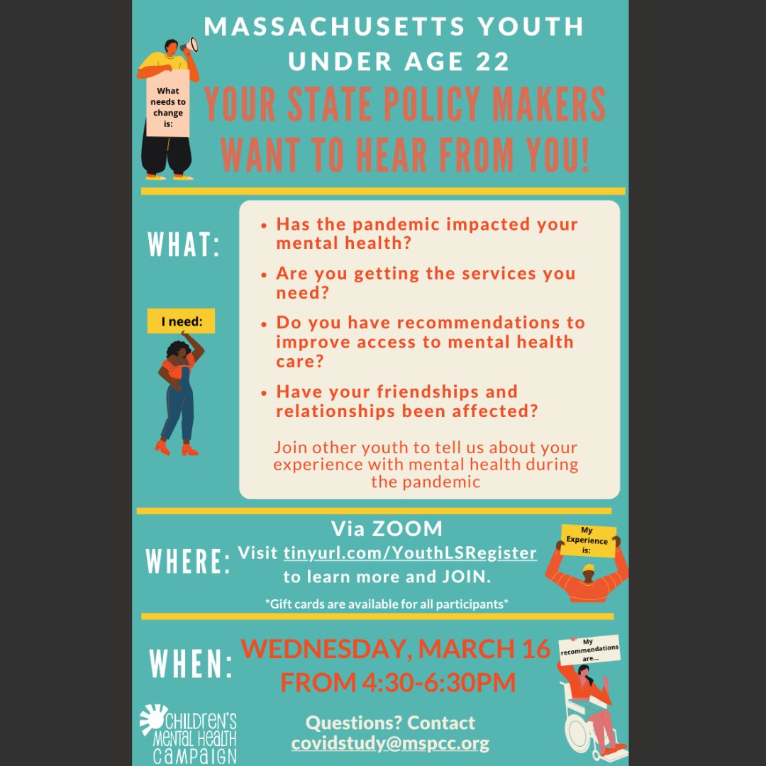 ZiaADVNetwork's tweet photo. MA Youth and Young Adults: your state policy-makers want to hear from you! On March 16th, from 4:30-6:30 PM, join us on Zoom to discuss experiences with mental health during the pandemic. Visit https://t.co/9XiHfvRBOL to learn more and join. https://t.co/zk7PlybKwn