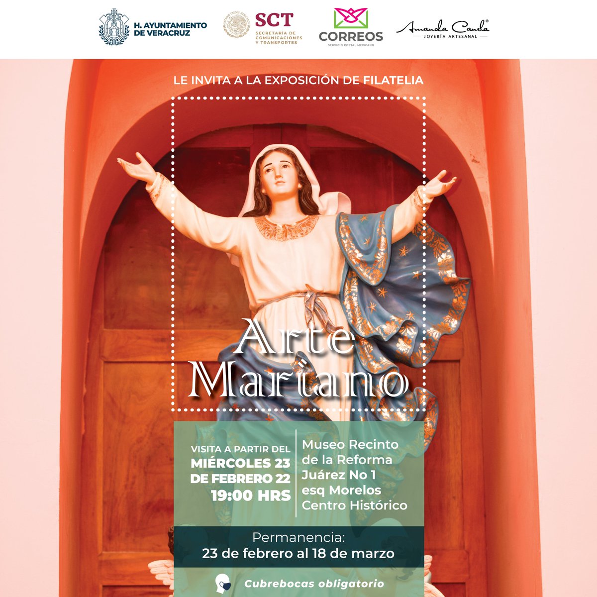 AyuntamientoVer's tweet image. Los invitamos a asistir este 23 de febrero a la exposición de Filatelia &quot;Arte Mariano”, a las 19:00 hrs en el Museo Recinto de la Reforma.
📍Juárez No. 1 esq. Morelos. Centro histórico. 
Permanencia del 23 de febrero al 18 de marzo del 2022.