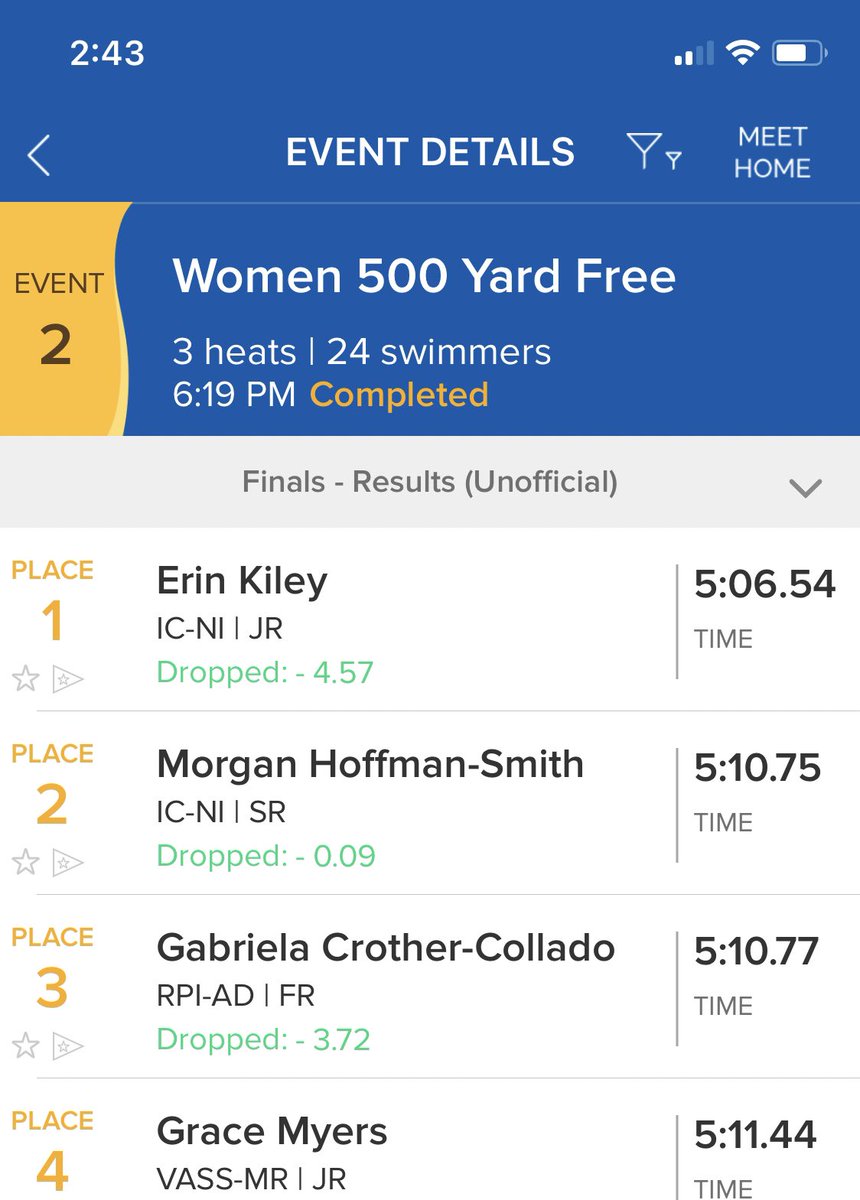 AustinPrepSwim's tweet photo. Alumni and former captain Erin Kiley ‘19 doing big things for Ithaca at her Liberty League Conference Championship! 1st place in the 500 free! #winningculture #apswim #proudcoach #ncaaswimming https://t.co/SdH4OalTA1