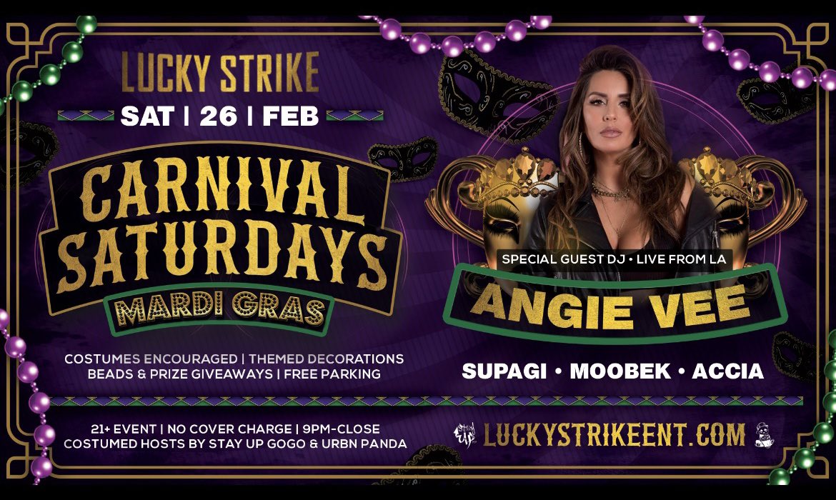LuckyStrike Bellevue (@luckystrikebell) on Twitter photo SATURDAY Feb 26 is a Mardi Gras party at Lucky Strike Bellevue with special guest DJ <a href="/DJANGIEVEE/">Angie Vasquez</a>
No cover charge - Free garage parking
Reserve a table: LuckystrikeENT.com SATURDAY Feb 26 is a Mardi Gras party at Lucky Strike Bellevue with special guest DJ <a href="/DJANGIEVEE/">Angie Vasquez</a>
No cover charge - Free garage parking
Reserve a table: LuckystrikeENT.com