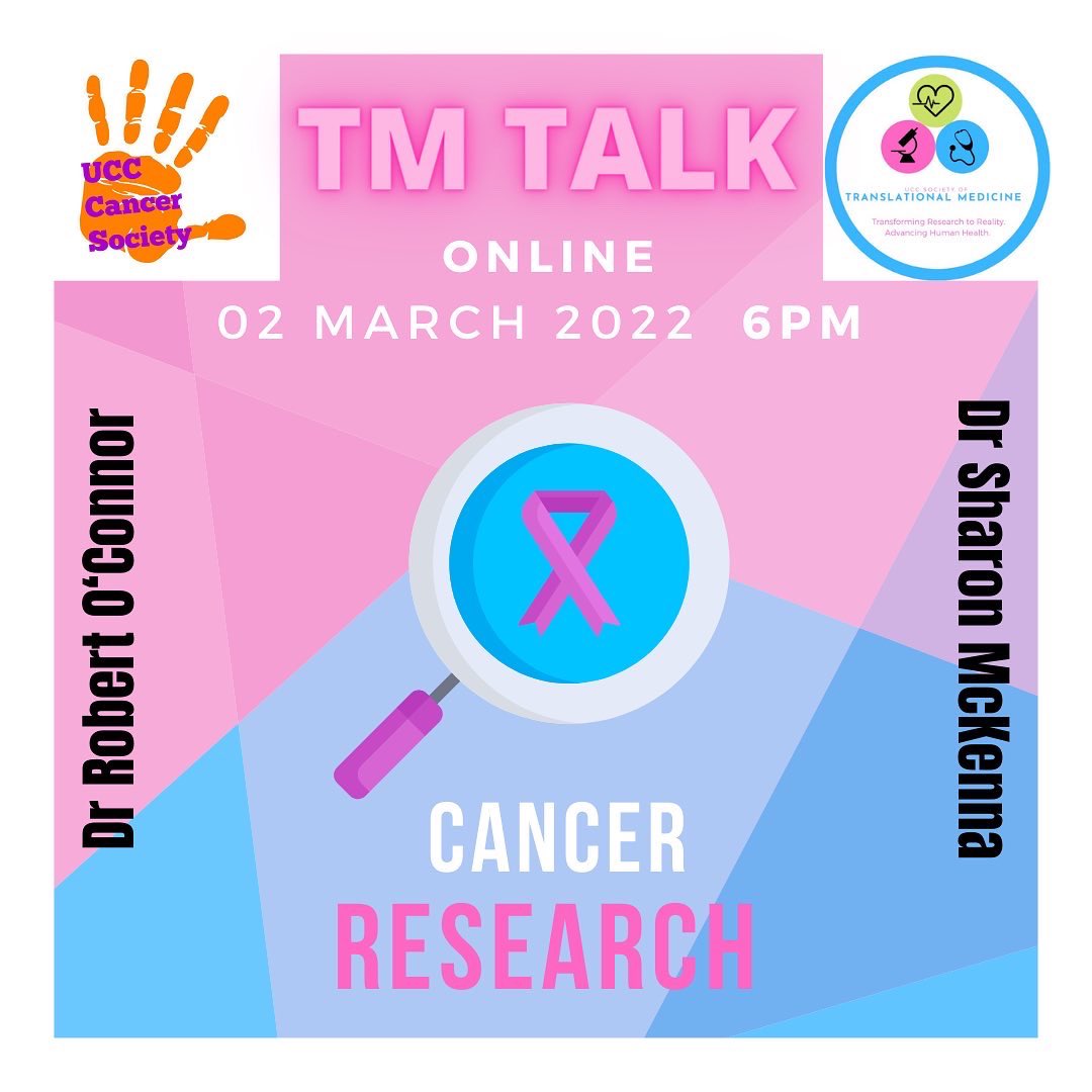 UCCTRMsoc's tweet photo. 📢TM Talk: Cancer Research 

Check out our upcoming online collab with @ucccancersoc on Wednesday 2nd March at 6pm 🥳

We are delighted to be joined by @DrRobertOConnor, Director of Research at Irish Cancer Society &amp; Dr Sharon McKenna, PI at Cork Cancer Research Centre 👨🏽‍🔬👩🏼‍🔬 https://t.co/Sphi7wtBXh