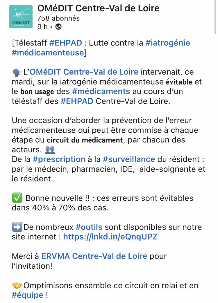 ERVMAcvdl's tweet photo. Merci @omeditcentre @A2Btwitt d’être intervenu auprès des #EHPAD de @RCValdeLoire au telestaff de février pour évoquer le bon usage des médicaments en EHPAD 💊👌 

#lutte_contre_la_iatrogenie 💪 
#partenariat @ARS_CVDL @GeriatrieTours https://t.co/0yMf7flhKo