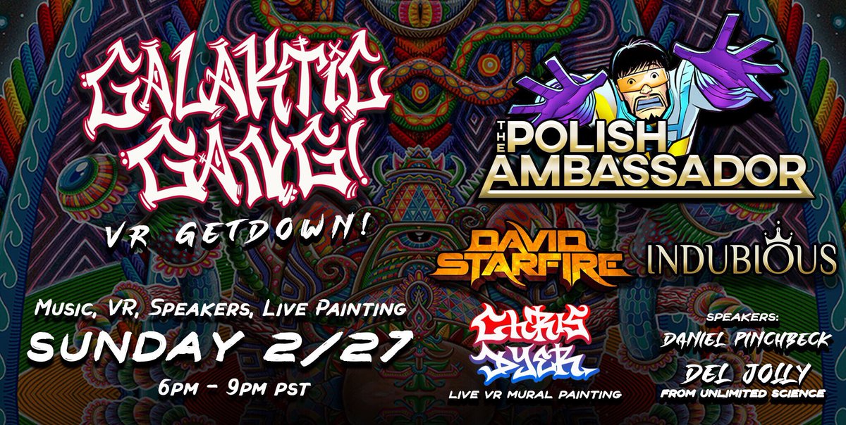 This Sunday 2/27 at 6pm PST we are hosting our first Virtual Reality Party. There will be Speakers, Music and Live painting. We created a multiplayer world for you to explore with your friends.

You will have to connect your wallet to verify you have a Galaktic Gang member.