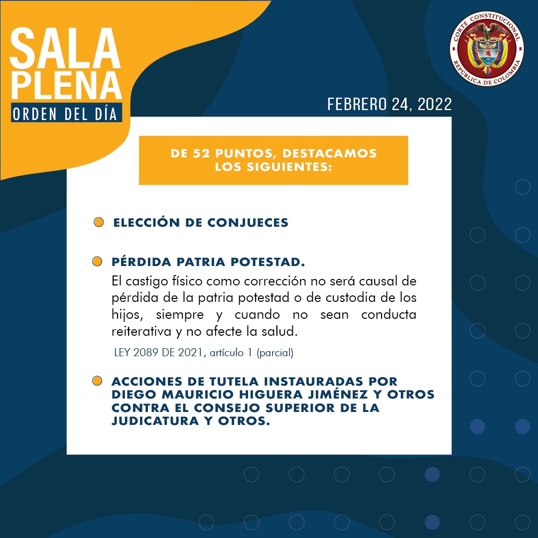 CConstitucional's tweet photo. #TemasSalaPlena 🗒️ | Conozca los temas que serán debatidos esta semana por la Sala Plena de la Corte Constitucional.

24 de febrero 2022: https://t.co/nghCrXhhkF https://t.co/AFyH4Fc33v