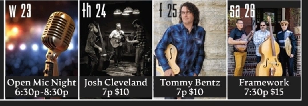 Open Mic Night with Host Debbie Briggs tonight! Doors open at 5pm! 

Josh Cleveland tomorrow 7pm! 

FRIDAY 🥳 10th Annual George Harrison and Tommy Bentz Birthday Show!

Framework will be here for Saturday Night Jazz at KJ's Hideaway! 

We look forward to seeing everyone!