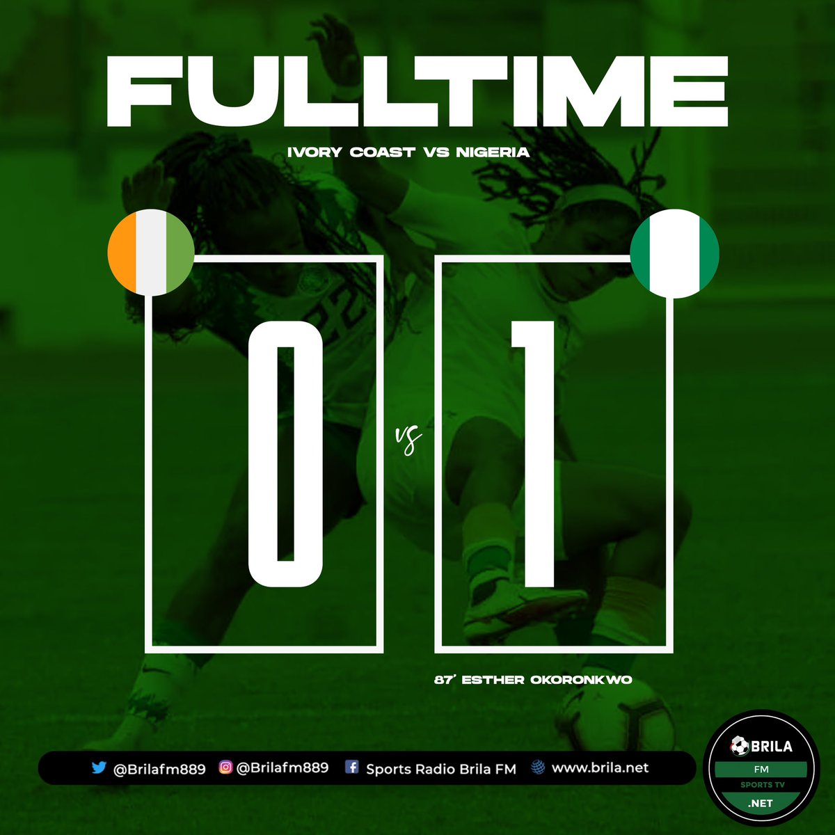 Brilamedia's tweet photo. The Super Falcons have qualified for AWCON 2022 as striker Esther Okoronkwo’s 87 minute winner proved to be the difference in Abidjan.

FT: Cote d'Ivoire 🇨🇮 0-1 Nigeria 🇳🇬 [0-3 aggregate]

#brilafm #brilasports #CIVNGA #SoarSuperFalcons #Football #AWCON2022Q #Team9jaStrong https://t.co/VzswV4gs7M