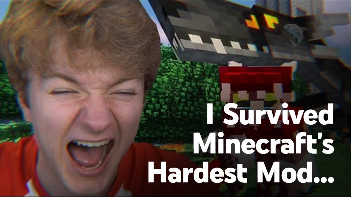 Creator TommyInnit laughs with a Minecraft scene in the background with the title "I Survived Minecraft's Hardest Mod..."