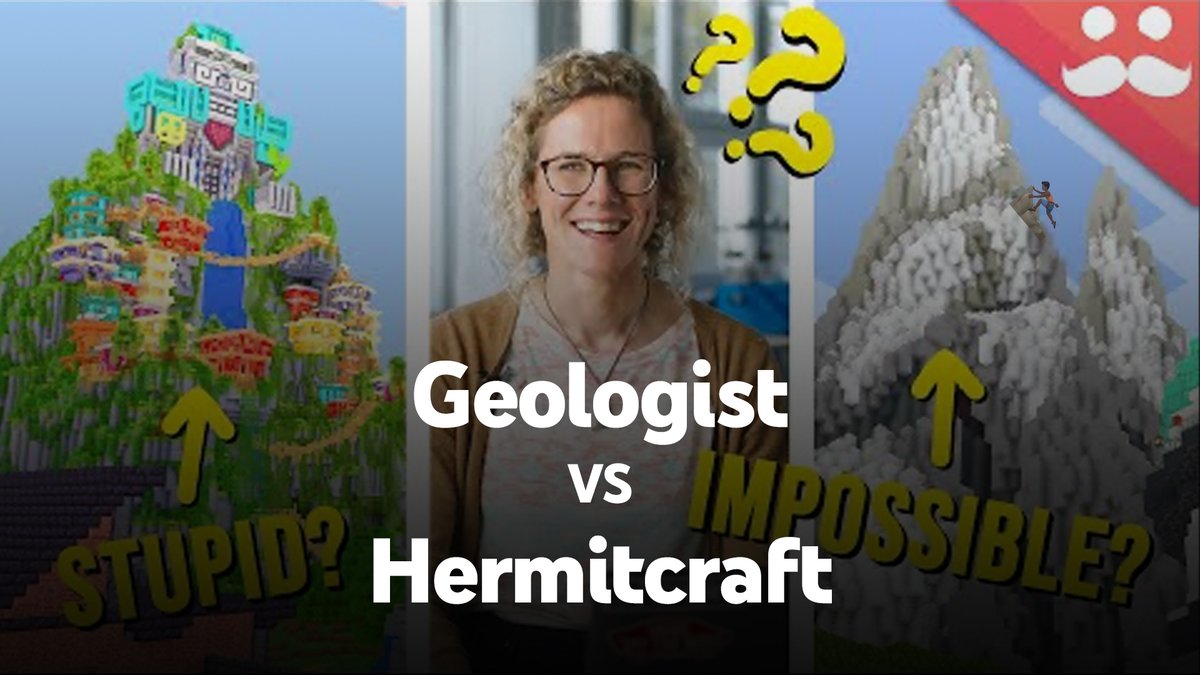A Mumbo Jumbo thumbnail with Catherine Mottram of the University of Portsmouth Geology department posed between a decorated, colorful mountain and an ice-covered mountain with the title "Geologist vs Hermitcraft."