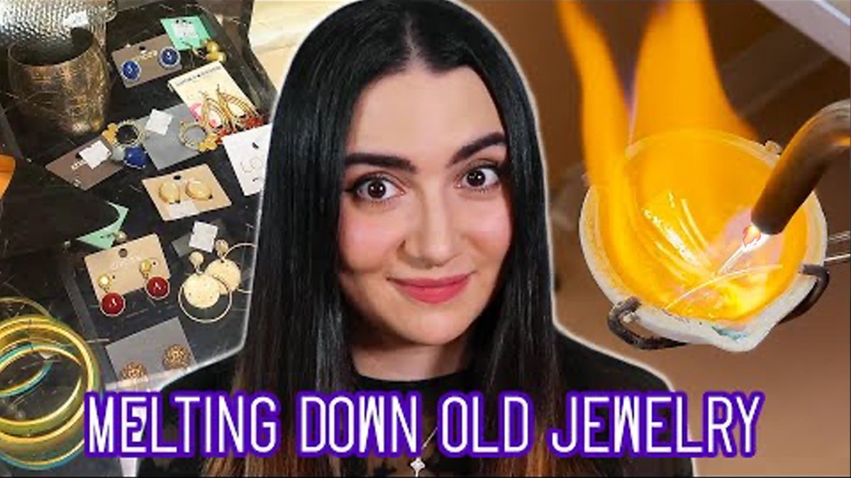 Creator Safiya Nygaard looks at the camera, between a setup of jewelry and a flame hitting a pan, with the title "Melting Down Old Jewelry."