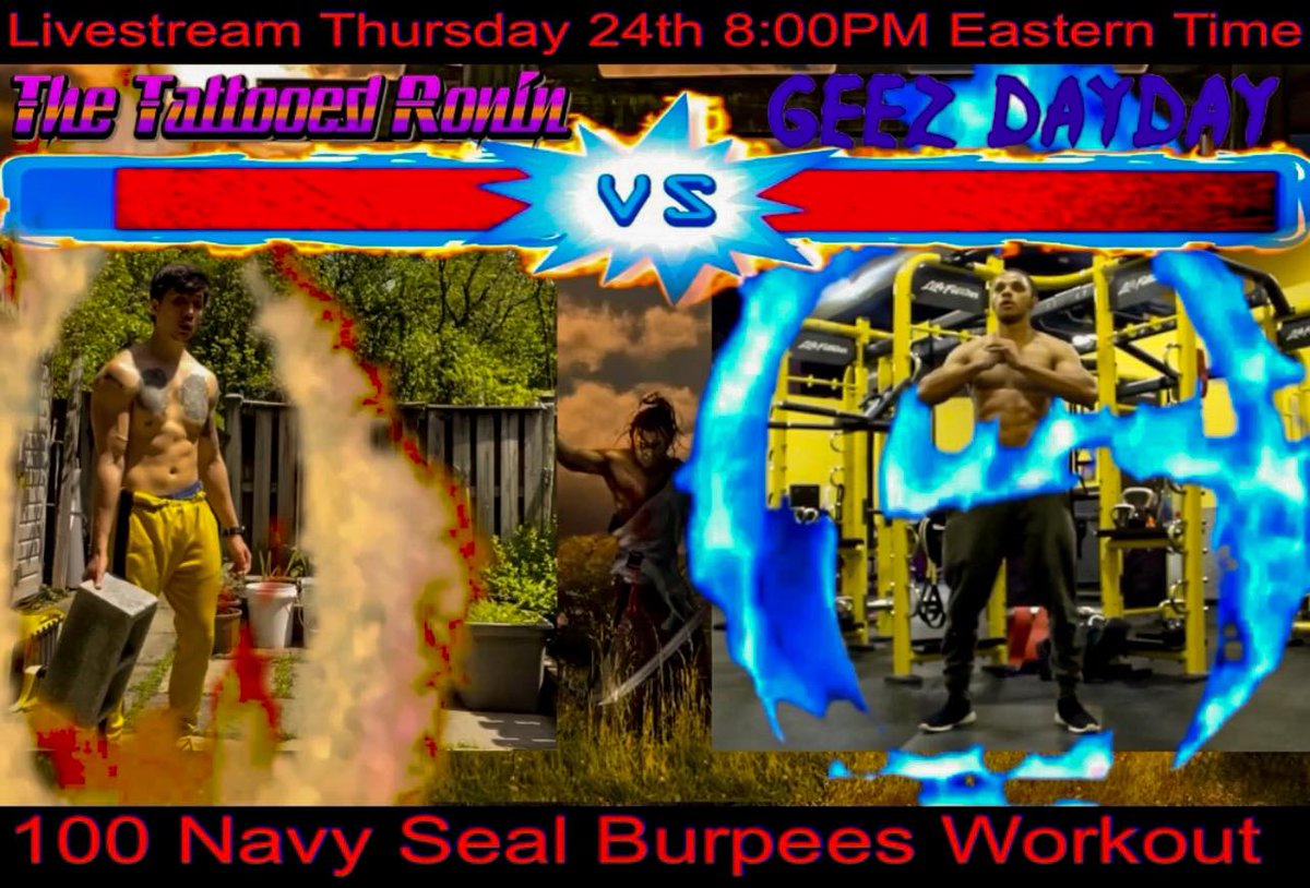 DayGeez's tweet photo. My buddy Phu Pham is way better at making thumbnails than I am lol Come check out our workout Livestream tomorrow at 8pm on twitch @twitch.tv/geezdayday. Also, check out my guy @the tattooed Ronin on youtube. https://t.co/18kDzGi8y2