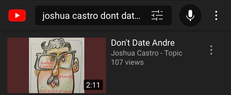 JCastroAuthor's tweet photo. Incredibly pleased to share that my piece #DontDateAndre from my lyrical album #SAVAGESof2020 has reached 100 plays on YouTube! ๐ฅฐ
Thanks for listening.โค๏ธ
๐ถ LMFAO / Donโt date that, bro / Andre can date himself! ๐ถ ๐ https://t.co/Uk9xfvdj0g