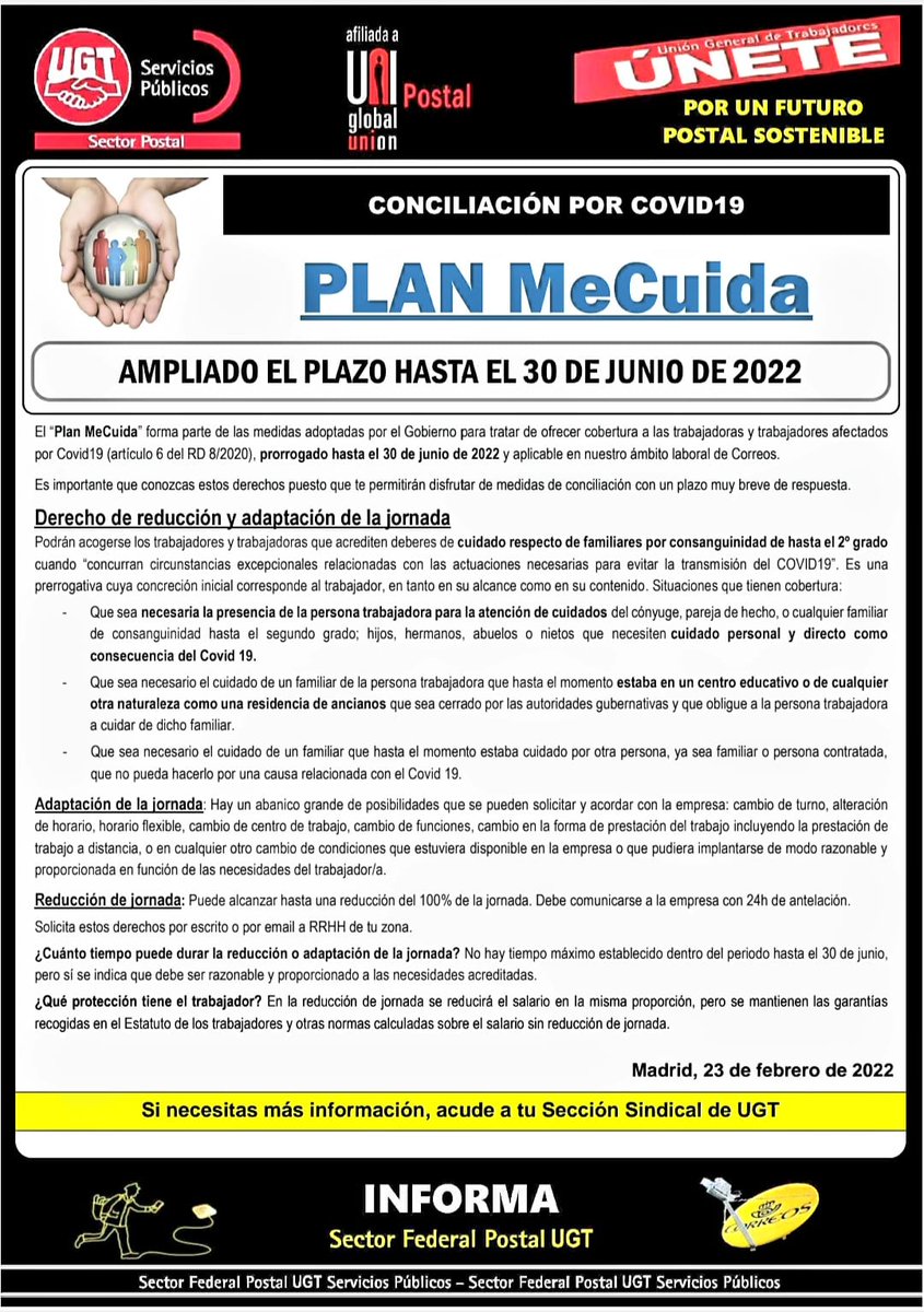 UGTCORREOSEXT's tweet photo. Conciliación por COVID 19 en @Correos 📯 mediante el Plan Me cuida, se amplia hasta el 30 de Junio de 2022 📅
#planmecuida @UGTSPEXT @UGTExtremadura @UGTPostalAnd @ugtpostal @UGT_SP https://t.co/ie1TluPNOb
