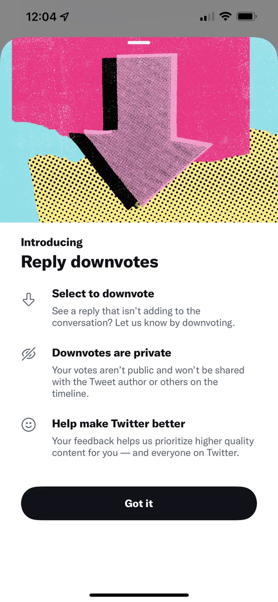 Screenshot of Twitter’s education overlay telling me that I have access to Reply Downvotes.