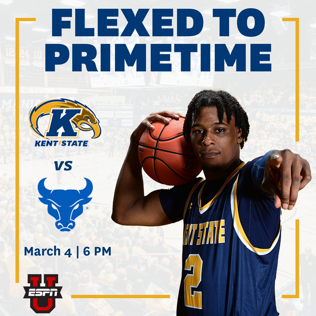 KentStMBB's tweet photo. 𝗣𝗿𝗶𝗺𝗲 𝗧𝗶𝗺𝗲 𝗙𝗹𝗮𝘀𝗵𝗲𝘀 😏

Our game against Buffalo has been flexed to ESPNU on Friday, March 4, at 6pm!

#team106 x #KentStMBB https://t.co/xedy8HEW3m