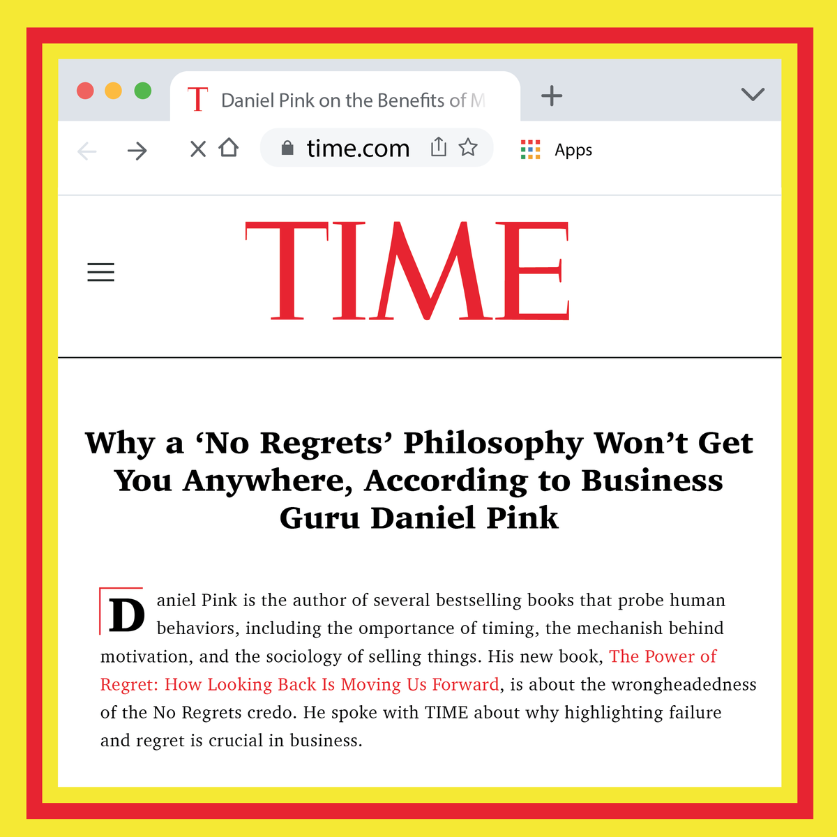 A huge thank you to <a href="/TIME/">TIME</a> for the feature.

Click to read TIME's article on my new book, The Power of Regret: bit.ly/33J2Vbe

#ThePowerOfRegret #DanielPink #TIME