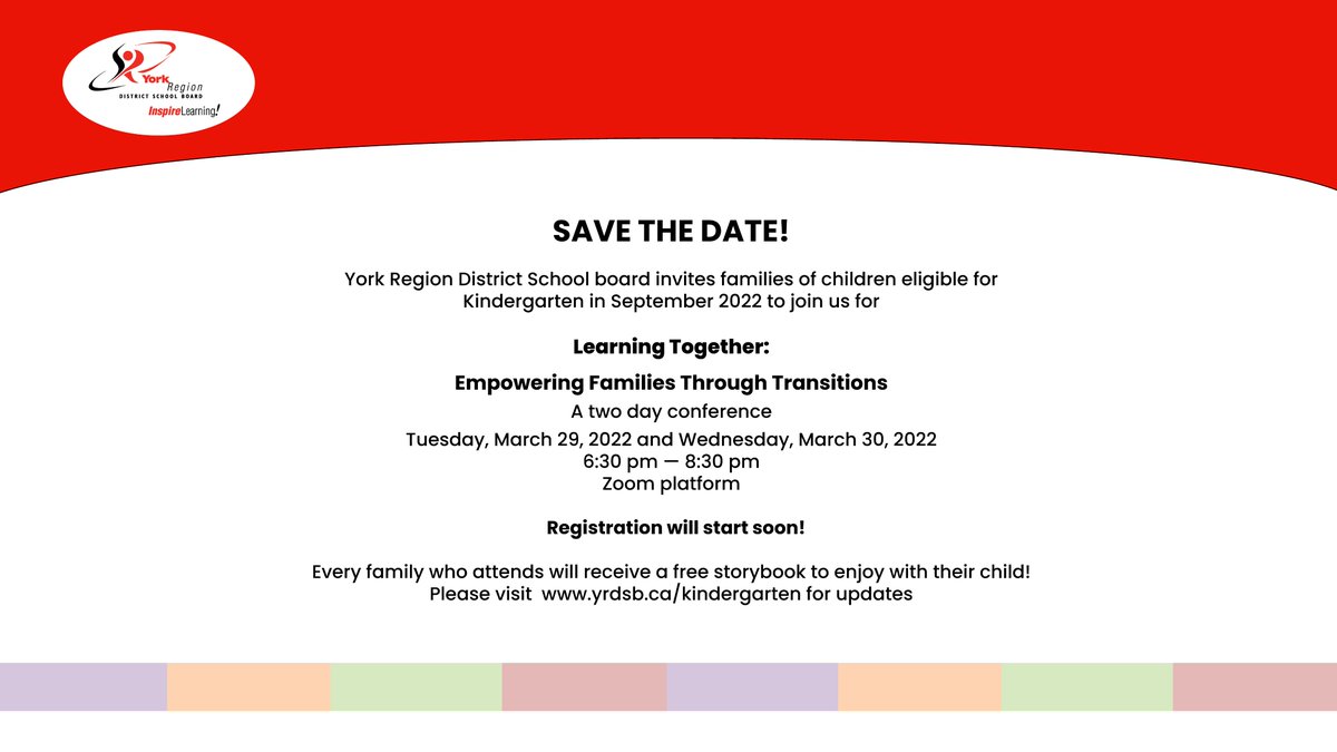 Do you have a child starting Kindergarten next school year?

If so, we invite you to join us for Learning Together: Empowering Families Through Kindergarten Transitions. 

This two-day conference will take place on March 29 &amp; 30. 

Registration opens soon

www2.yrdsb.ca/learning-toget…