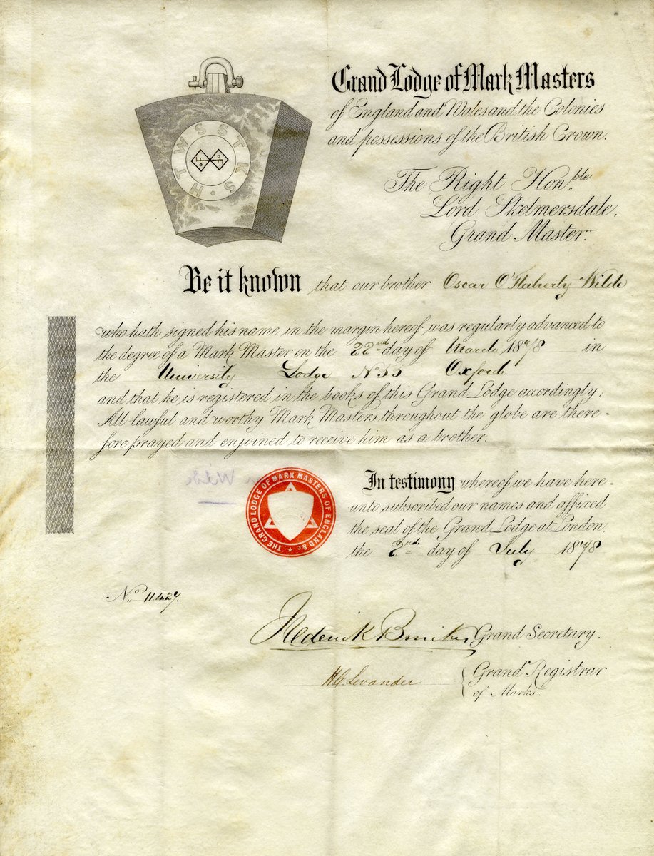 🏳️‍🌈This #LGBTHM22, we're celebrating all LGBTQ+ members of the Freemasonry community, past &amp; present.

📜Today, we're taking a look at writer #OscarWilde's membership of the Craft, including his time at <a href="/aul357/">Apollo University Lodge No 357</a>, <a href="/OxfordshireMark/">Oxfordshire Mark Group</a>, and @OxfordshirePGL. What an intricate certificate!