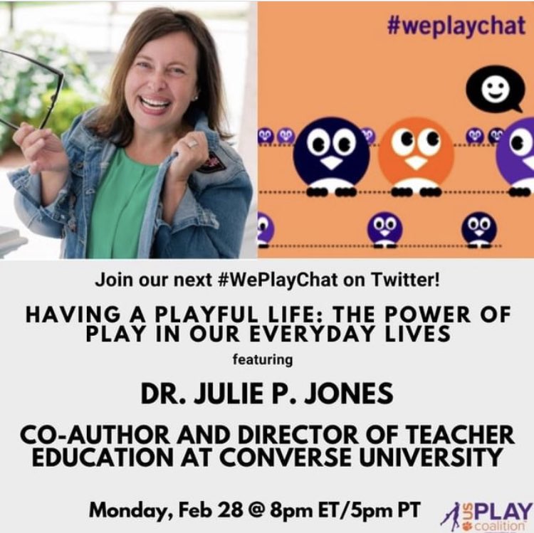 JuliePJones's tweet photo. Join me Monday, Feb 28th at 8pm ET as I take over #WePlayChat to discuss the power of play in our everyday lives. 🏄
I hope you can join us!
#WePlay #WePlayEd #PlayForAll #TwitterChat
#conversechat #ditchbook #tlap #encourageplay #TCEA22 https://t.co/s98wHurH8z