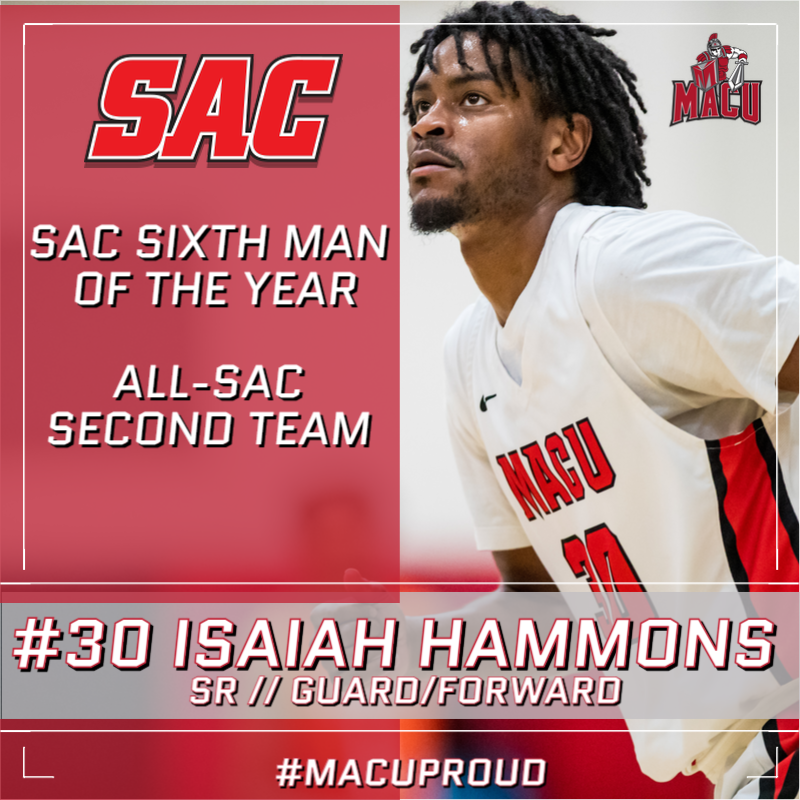 MACUathletics's tweet photo. MBB: Congrats to @MACUMBB senior guard/forward Isaiah Hammons on being selected as the @Sooner_Athletic Sixth Man of the Year as well as being named to the All-SAC Second Team!

#MACUProud https://t.co/NubT8Q5Zl0