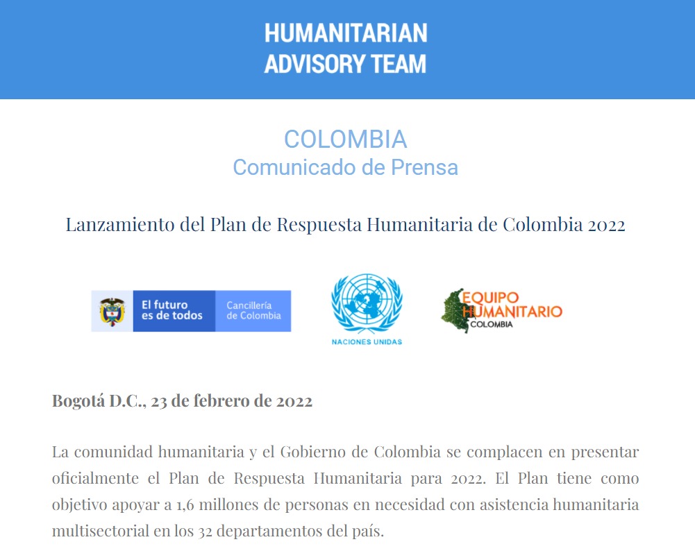 OCHACOLOMBIA's tweet photo. Comunicado de Prensa – Lanzamiento del Plan de Respuesta Humanitaria para 2022
https://t.co/jcGInN94XC https://t.co/teCVZLjAJG