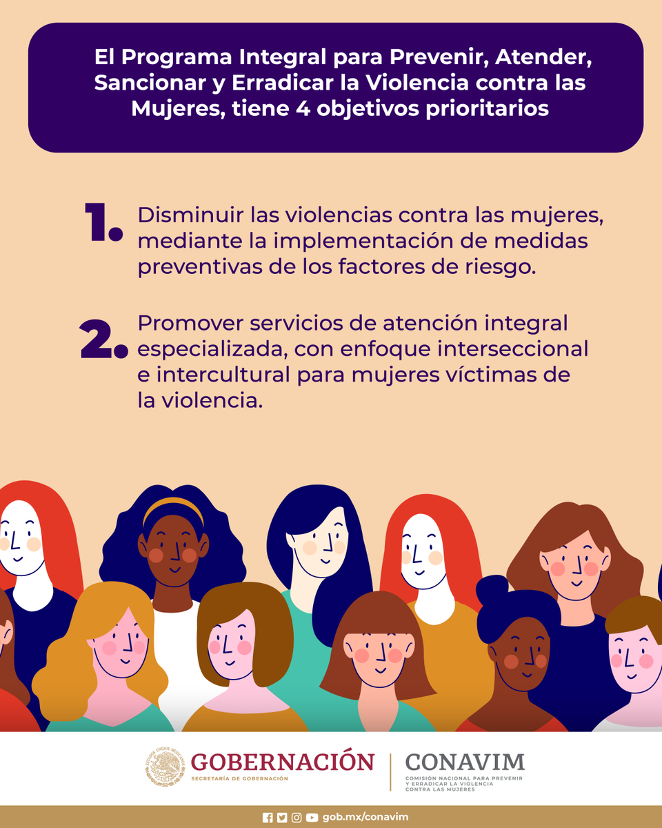 CONAVIM_MX's tweet photo. Conoce más acerca de los ojetivos prioritarios del Programa Integral para Prevenir, Atender, Sancionar y Erradicar la Violencia contra las Mujeres
➡️ https://t.co/WZRlreef7q https://t.co/HEkE7S8jTl