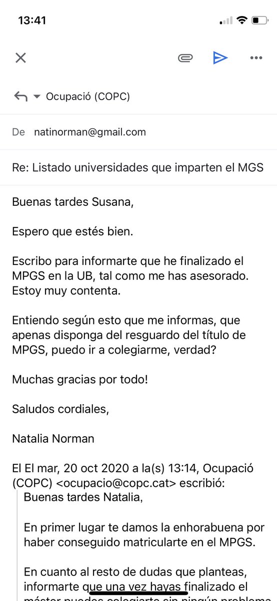 psiconat_'s tweet photo. Estoy llorando y en shock. He cursado este máster #MPGS pq el @copc_cat me indicó que así lo hiciera para poder colegiarme y ahora, después de hacerlo, no me responden, incluso me han bloqueado😢 No se que he hecho mal pero me siento muy discriminada #PsicoTwitter @Psic_Migrantes https://t.co/HXueiSBpnU