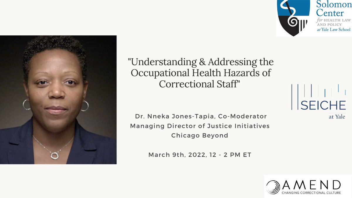 We are excited for @NnekaTapia from @ChicagoBeyond to co-moderate our upcoming webinar on the health & wellbeing of correctional staff, happening on March 9th, 12 - 2 PM ET. Learn more about Dr. Jones Tapia's work: chicagobeyond.org/nneka-jones-ta… Register: zoom.us/webinar/regist…