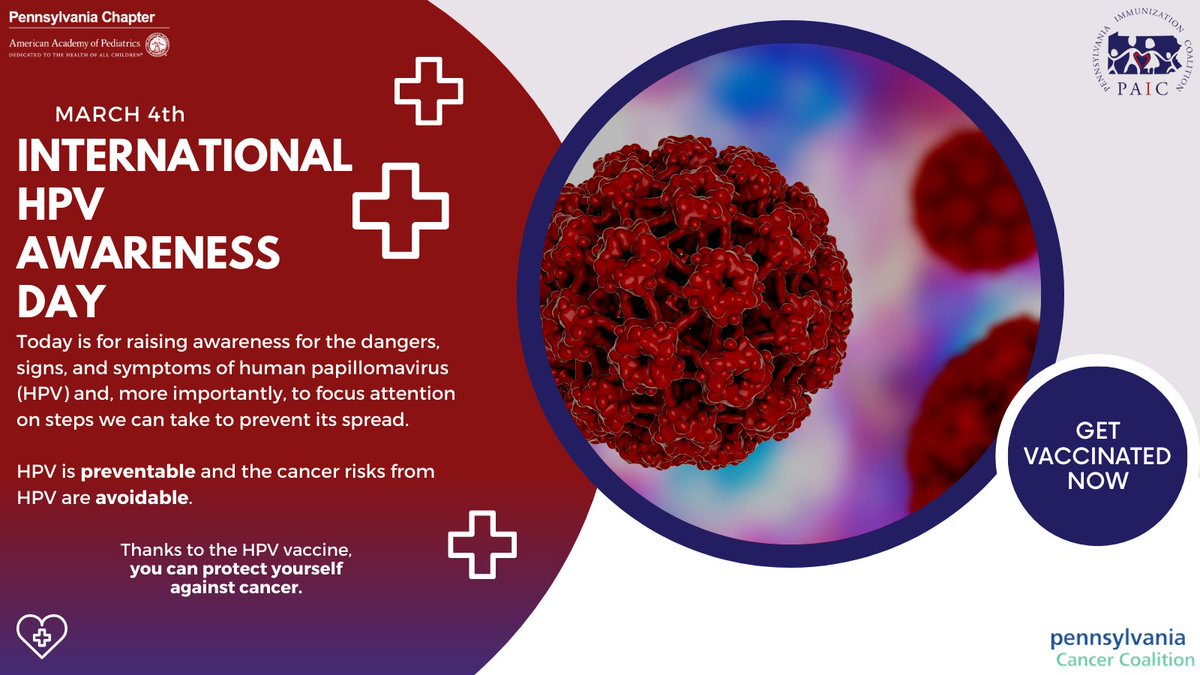 Today is International HPV Awareness Day! We are joining organizations around the world to promote awareness and education about HPV infection and the HPV-associated diseases that can be prevented through vaccination.

#HPVAwareness #EndHPVCancer #HPVvaccine #HPV #ImmunizePA