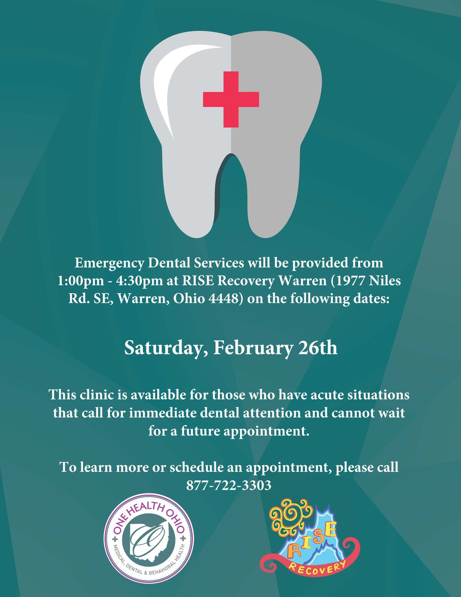 ONEHealthOhio1's tweet photo. If you are in need of Emergency Dental Services on Saturday, February 26th, please call 877-722-3303!

#ONEHealthOhio #RISERecovery #EmergencyDental #SaturdayDental #DentalCare #OralHealth #OralCare #NortheastOhio #WarrenOhio https://t.co/niw8CNzBlO