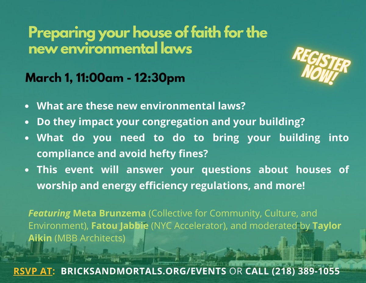 Join us on Tuesday, March 1st, at 11am, for the first event in a two-part series on new environmental laws in NYC and how they impact houses of worship city-wide. Register at bricksandmortals.org/events