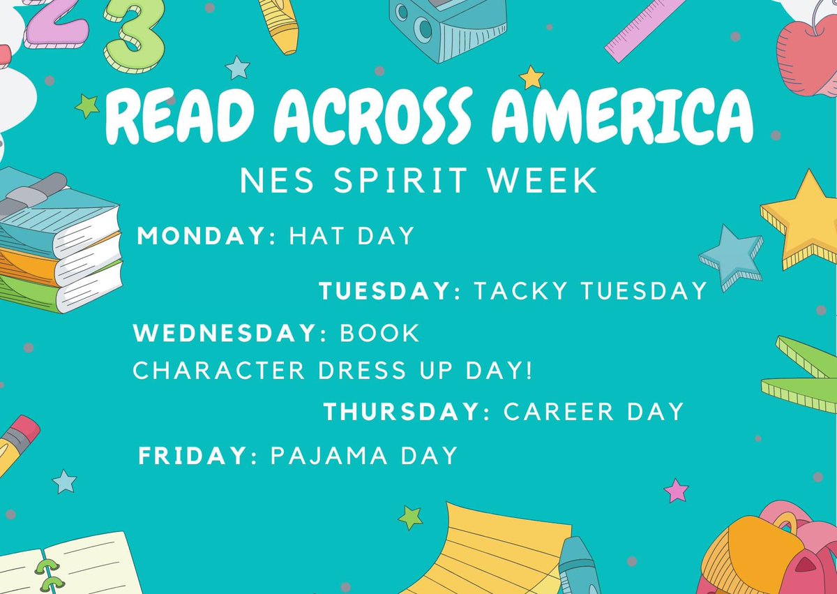 NESHawks's tweet photo. NES Hawks! Next week we’re celebrating #readacrossamerica Week with some fun, themed days to get pumped up about reading! Our 1st day is Monday--Hat Day, &amp; we can't wait to see your amazing hats!
#NESrocks
#neshawks
#readersareleaders
#bookworms
#BrighterTogether https://t.co/D1zYYim8I3