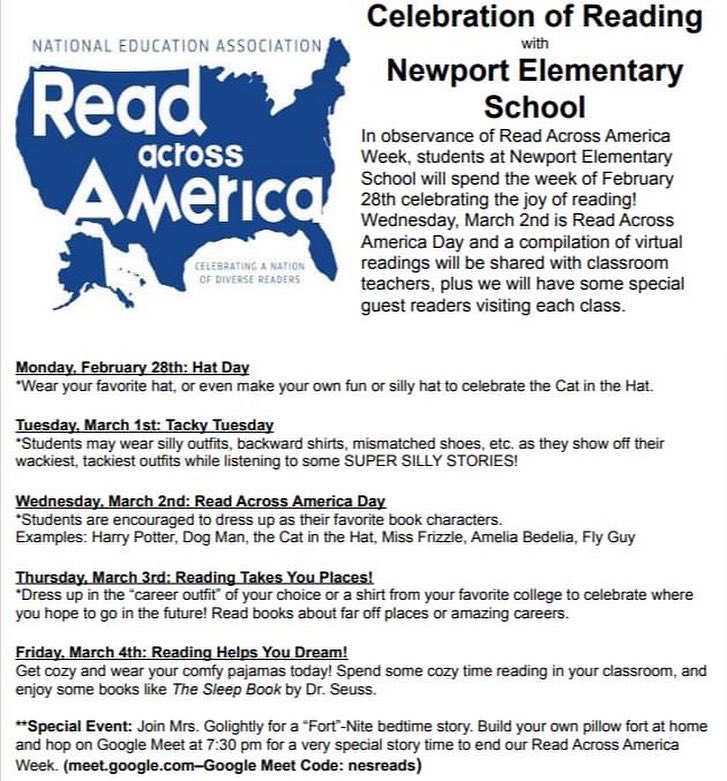NESHawks's tweet photo. NES Hawks! Next week we’re celebrating #readacrossamerica Week with some fun, themed days to get pumped up about reading! Our 1st day is Monday--Hat Day, &amp; we can't wait to see your amazing hats!
#NESrocks
#neshawks
#readersareleaders
#bookworms
#BrighterTogether https://t.co/D1zYYim8I3