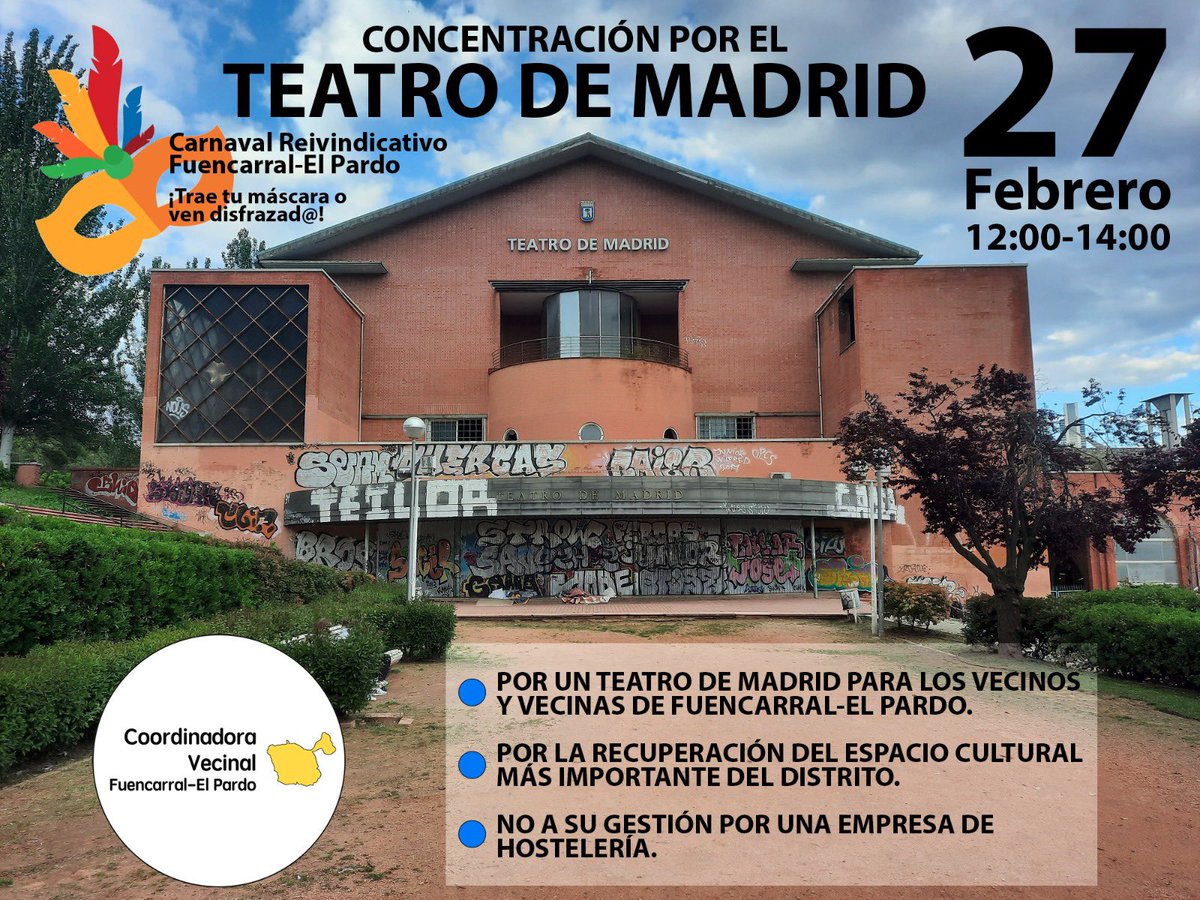 El domingo defendemos la cultura para nuestros barrios. Anímate y participa, tendremos talleres infantiles y animación para toda la familia, recuerda que estamos en carnaval. <a href="/fuencarralpardo/">Fuencarral-El Pardo.com</a> <a href="/CoordVecinalFEP/">Coordinadora Vecinal Fuencarral-El Pardo</a> <a href="/EdPublicaTablas/">Ed Pública LasTablas</a> <a href="/LasTablasInfo/">Barrio Las Tablas</a> <a href="/FRAVM/">Federación Vecinal de Madrid</a>
