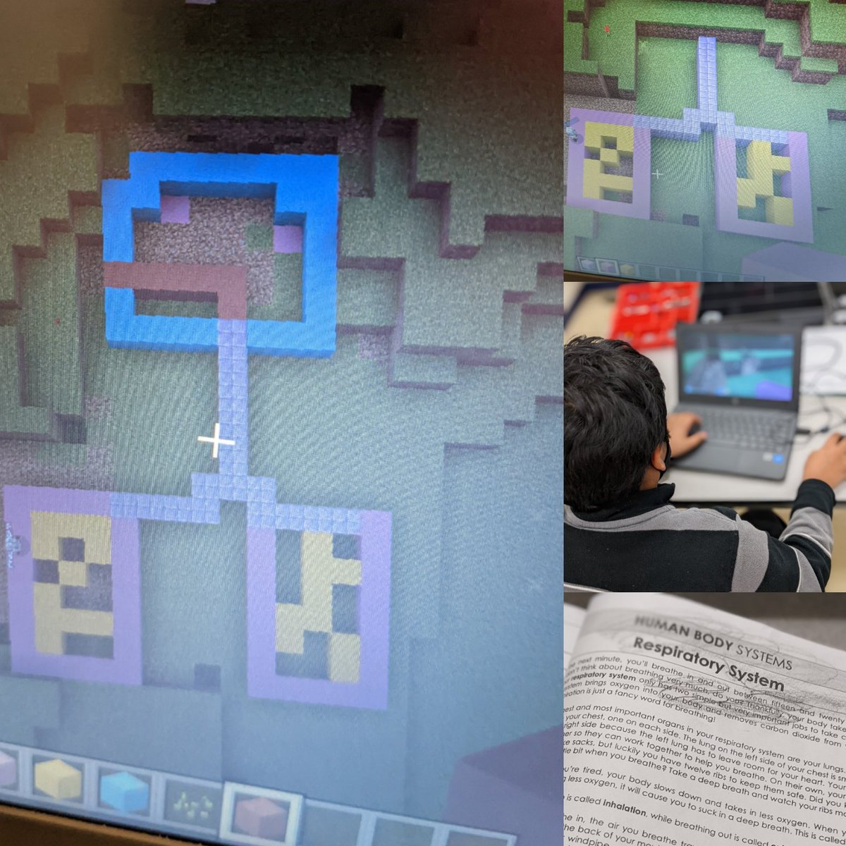 Reviewing the respiratory system with a student today.  They designed the system in Minecraft and shared their learning with classmates. Next steps is to label the parts of the system and discuss its importance. #engaged #eml