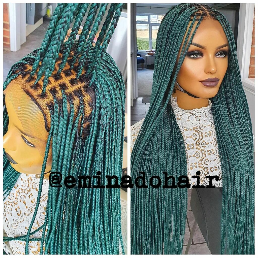 Eminado Hair on X: Knotless Green Full Frontal Braided Wig (28inches) in  360 degree frontal. Available to order on website. Extension by  @kk_hair_accessories bone straight in green. . . . . . . . . #