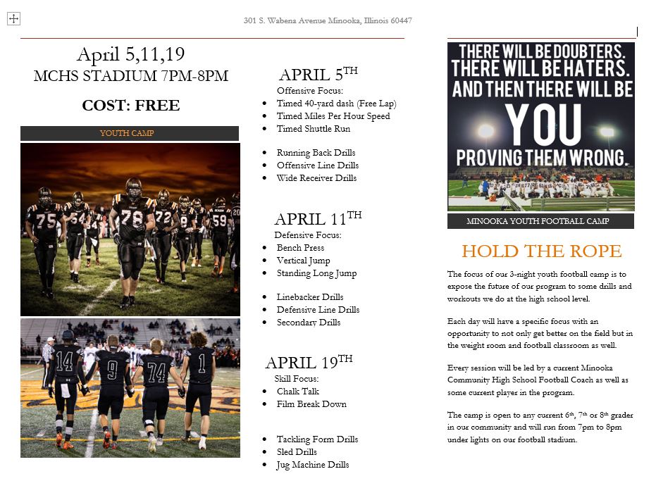 Registration is open for the Minooka Football Youth Camp. (6th, 7th, 8th Grade) Dates are April 5th, April 11th, April 19th from 7:00-8:00pm Central Campus Stadium. Cost is FREE! Attached below is the flyer and link to register. #HoldTheRope forms.gle/Tn3LiVYTPXJtpE…