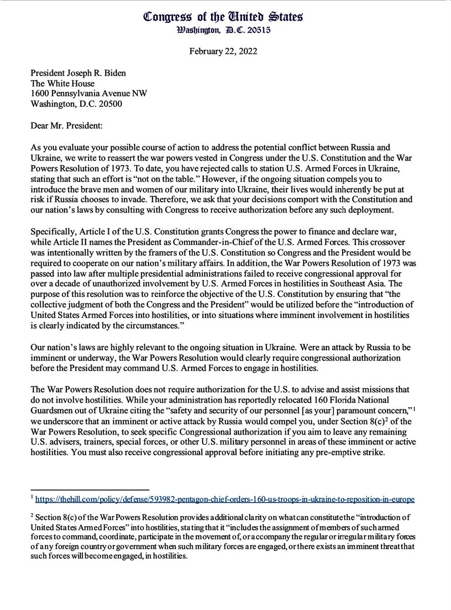 RepThomasMassie's tweet photo. The President has no authority to engage in or provoke a war with Russia. I joined 42 members of Congress in a bipartisan letter to remind the President that Congress alone has the authority to declare war. https://t.co/YuPZoNPcW8