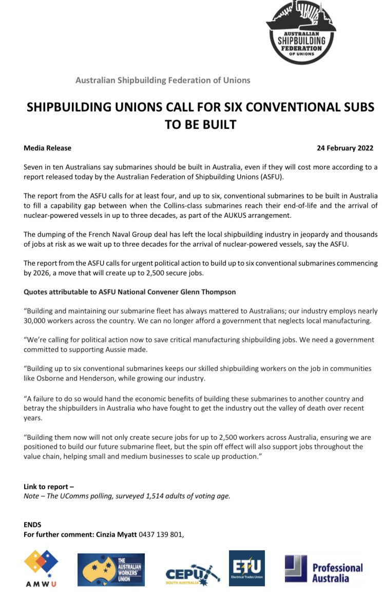 ASFUnions's tweet photo. Shipbuilding unions call for six conventional submarines to be built. @ETU_national @AusUnions @AWUnion @DaleBeas @ProfsAustralia @theamwu #supportaussiemade #auspol full report: https://t.co/r3kGmglIKW https://t.co/Zzj8Mv2Vo9
