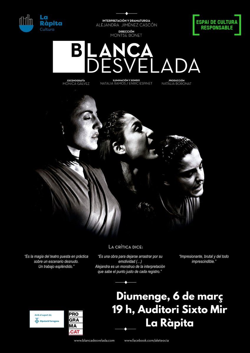 CultuRapita1's tweet photo. 🎭 ‘Blanca desvelada’ , amb @Alejimenecascon 
📆 Diumenge, 6 de març
⌚ 19 h
📌 Auditori Sixto Mir 

ENTRADES: https://t.co/LCJV9Fe4Lt 

#CulturaRàpita22 #ImpulsemLaRàpita #8M #BlancaDesvelada

@ajlarapita @BiblioRapita @TurismeLaRapita @teatrebarcelona @tv3cat @RadioRapita https://t.co/6US3Ww4Tia