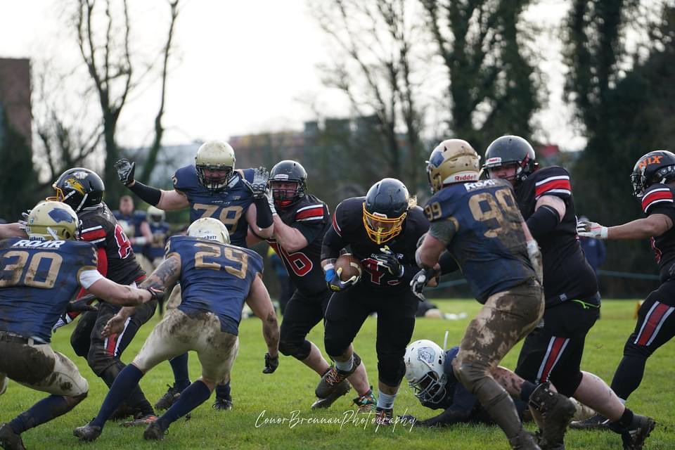 Seahawks FB Rich Gray from the <a href="/NorwichDevils/">Norwich Devils</a> powers his way through the Panthers defence, aided by the Offensive Line #Americanfootball #principalityofsealand