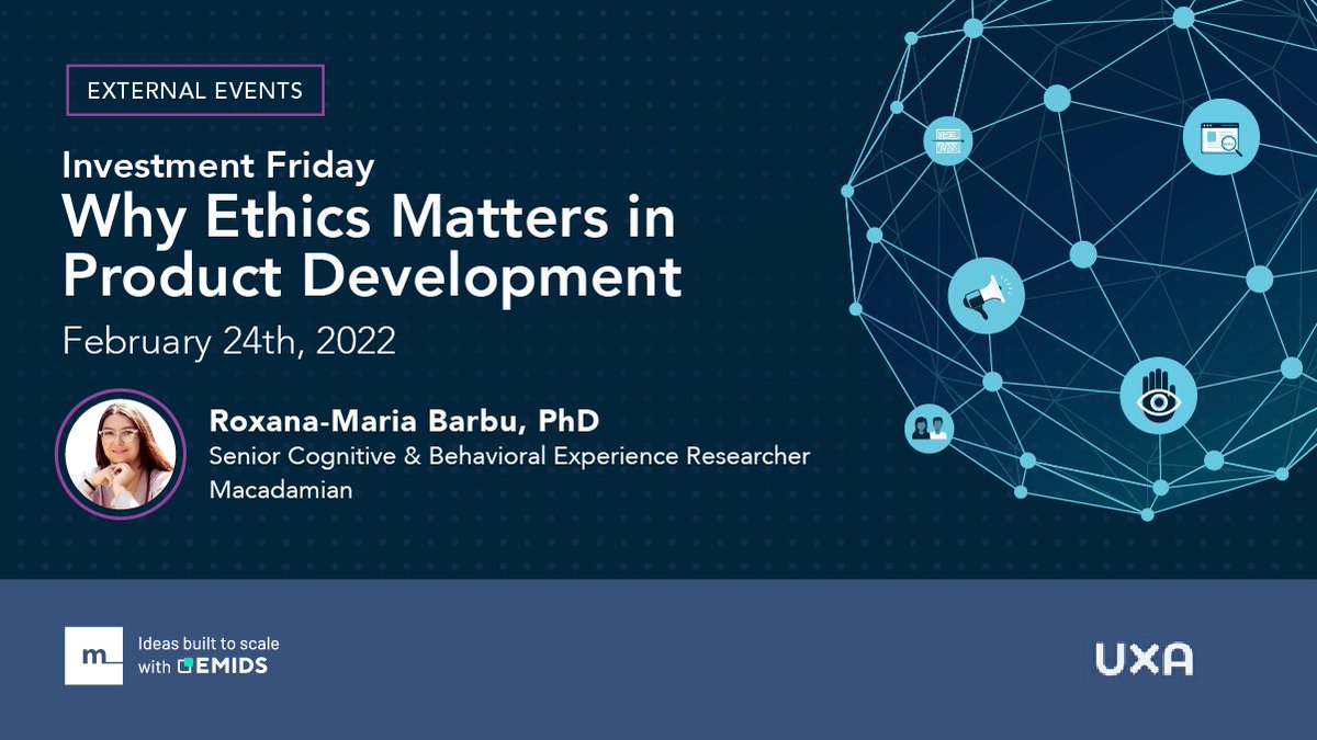 #Ethics go a long way in building trust with consumers, especially if you're creating products in the #healthcare space. In this talk, Dr. Roxana Barbu discusses thoughtful ethical considerations you can apply to your work today. ow.ly/9gX950I2Cb5

#UXresearch