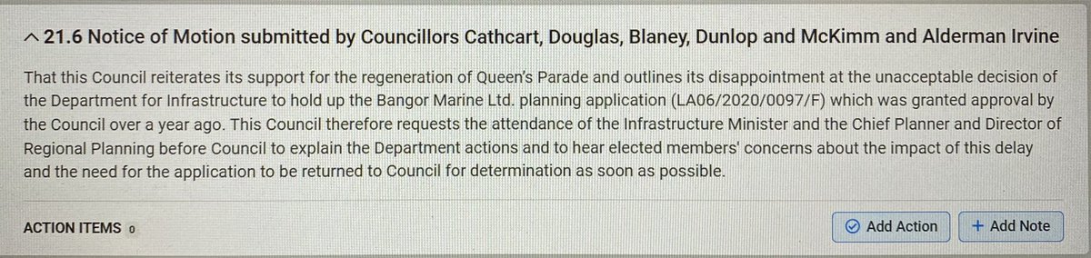 Tonight at <a href="/ANDborough/">ArdsandNorthDown</a> Council. Councillors from the Bangor Central DEA will be bringing a Notice Of Motion forward calling on the Infrastructure Minister &amp; Chief Planner to come before Council &amp; explain the ridiculous delay in the Queen’s Parade application #NoMoreDelay