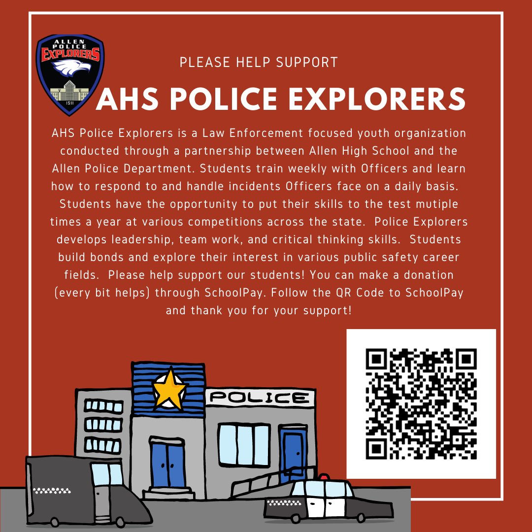 Please consider donating to the AHS Police Explorer Post.  As we head into our competition season, your support is greatly appreciated and will assist students in reaching their competition goals. Click the link in our bio or scan the QR code.