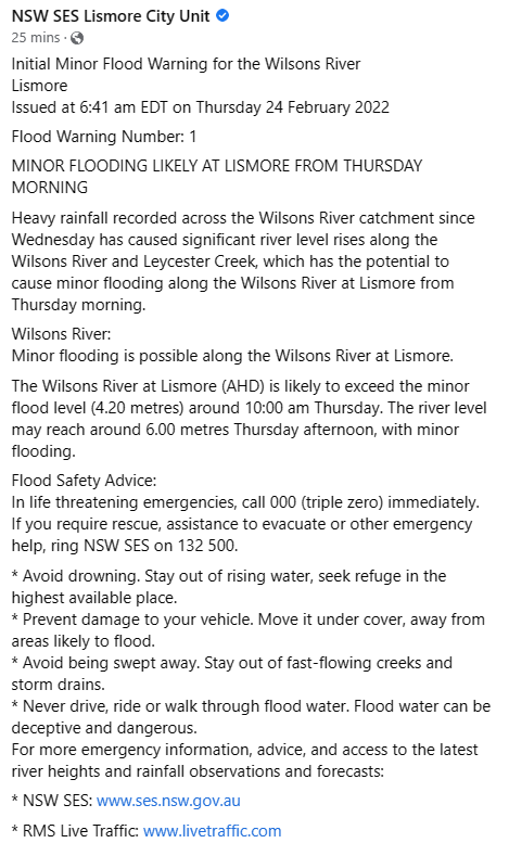 NthCoastMedia's tweet photo. #Lismore @NSWSES 
MINOR FLOODING LIKELY AT LISMORE FROM THURSDAY MORNING

Next Issue:
The next warning will be issued by 10:00 am EDT on Thursday 24 February 2022 https://t.co/jwN4cRyg5k
