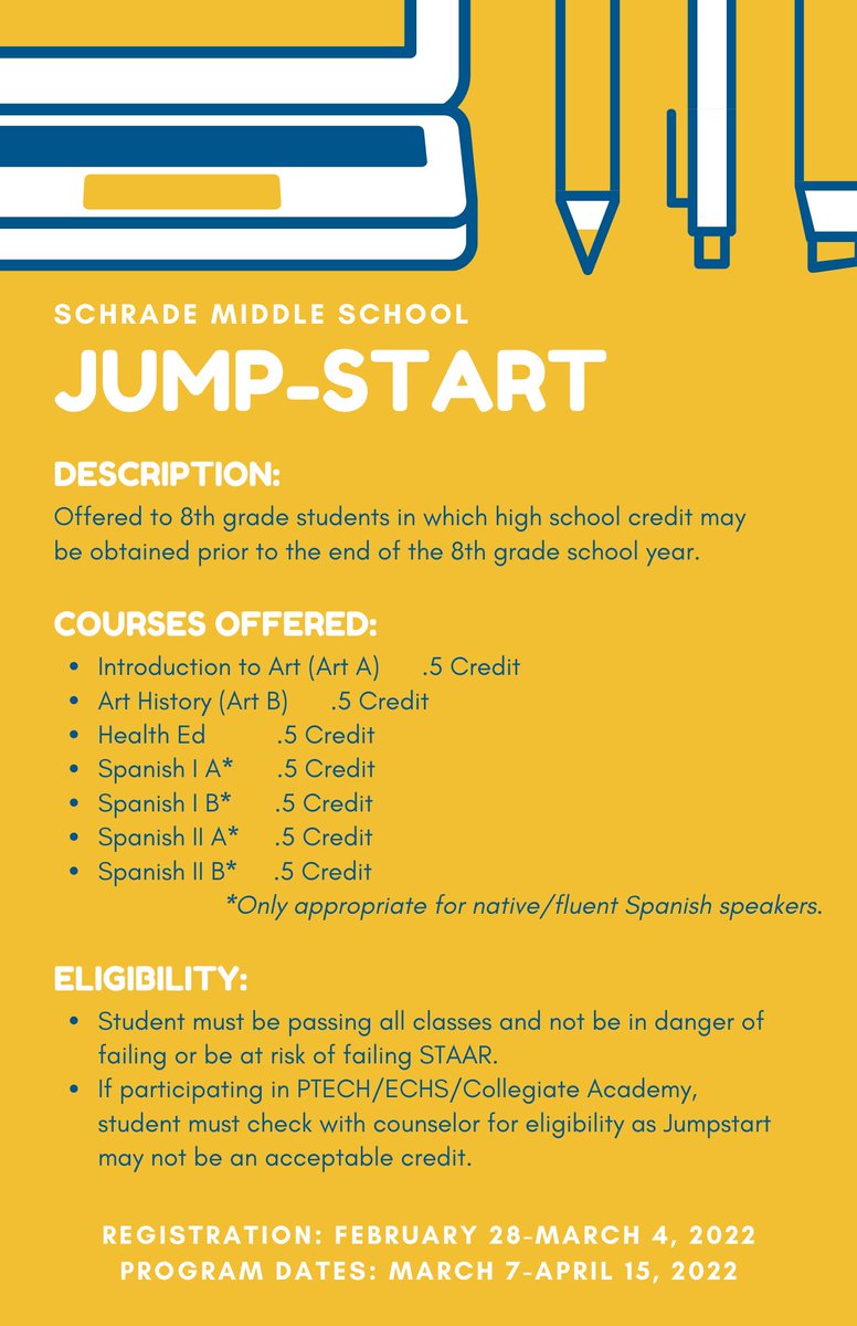 Schrade MS Counselors (@counselors_sms) on Twitter photo Attention 8th Grade Students: Registration for Jump-Start opens next week! Please contact your counselor with any questions. <a href="/Schrade_Falcons/">Schrade MS</a> Attention 8th Grade Students: Registration for Jump-Start opens next week! Please contact your counselor with any questions. <a href="/Schrade_Falcons/">Schrade MS</a>