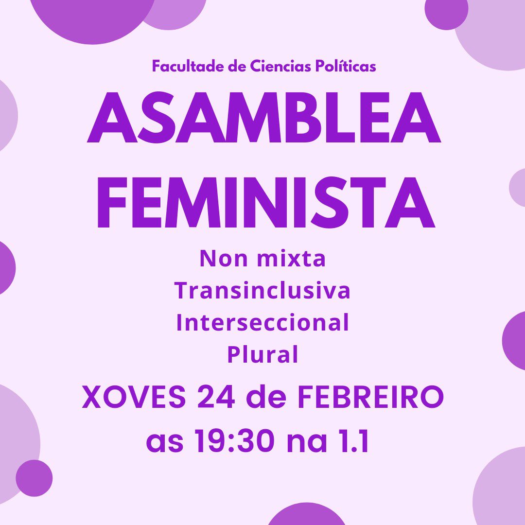 Non vos esquezades! 
Mañán ás 19:30 na facultade de Ciencias Políticas, aula 1.1, terá lugar unha asemblea aberta. 
Gustaríanos moito que asistírades, animádevos! 💜✊🏾