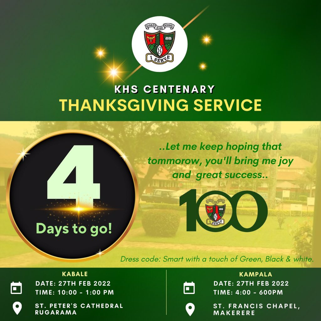An #investment in knowledge pays the best #interest. –  Benjamin Franklin
<a href="/kigezihigh/">Kigezi High School</a> nurtured us and we are coming together this #Sunday @Stfra_MAK to give #thanks to God for #KigeziHSAt100  #I_SERVE <a href="/AsiimweOnesimus/">Rt. Rev Onesimus Asiimwe</a> <a href="/RuhakanaR/">Dr. Ruhakana Rugunda</a> <a href="/dbahati/">David Bahati</a> <a href="/AlfredKabuchu/">Alfred Kabuchu</a> <a href="/ProfNuwagaba/">Prof. Nuwagaba Augustus</a> <a href="/j_mucunguzi/">Julius Mucunguzi</a>