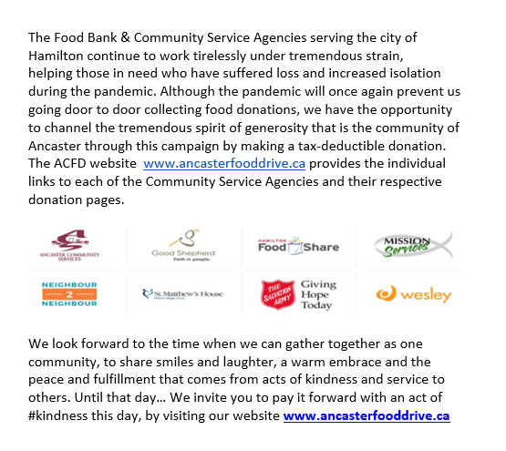 AncasterCFD's tweet photo. Hey #Ancaster! We sure could use your help again this year! It takes less than 2 minutes to #donate so please visit https://t.co/TzA9EqkbkZ and #givewhatyoucan. Every little bit helps!

#HamOnt #CommunityLove #CommunitySupport
#Virtual #FoodDrive https://t.co/P6YHqEhaJG