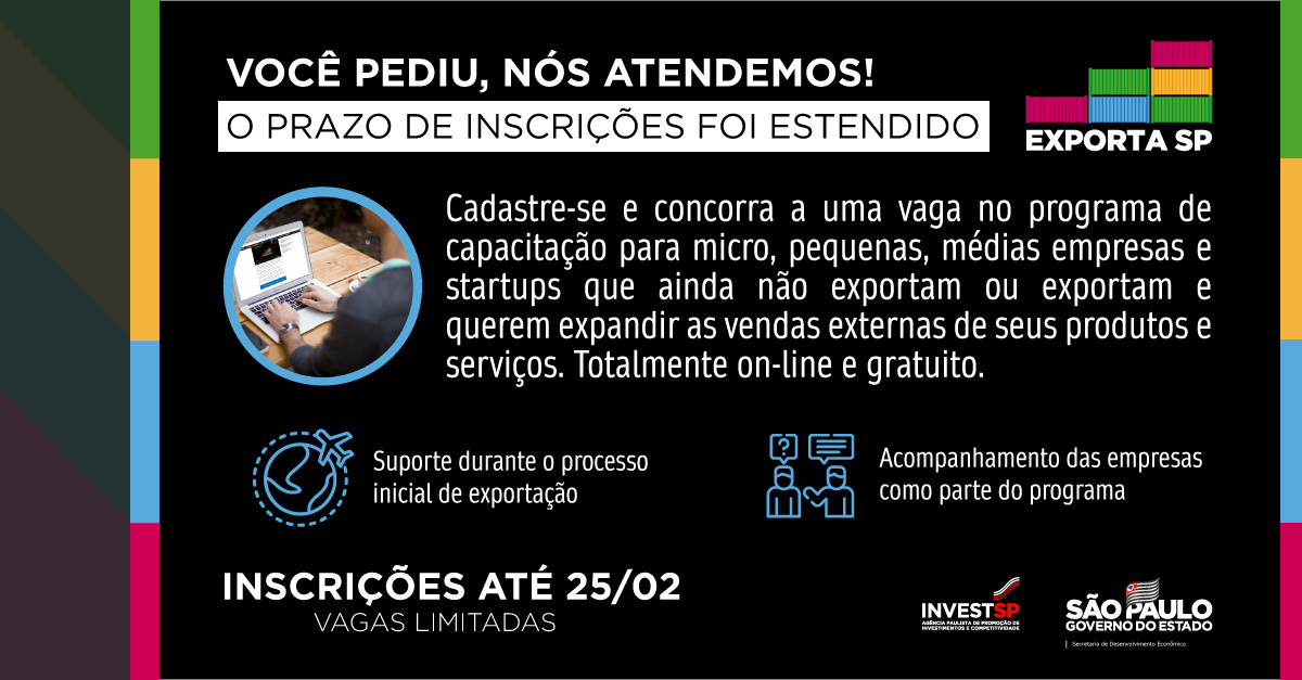 BrazilMachinery's tweet image. Participe do Programa #ExportaSP 2022! 🌎
A iniciativa tem como objetivo capacitar micro, pequenas e médias empresas e startups para o mercado exterior e é organizada pela @InvestSP.

A inscrições até dia 25/02 👉 mla.bs/be6d5a5a