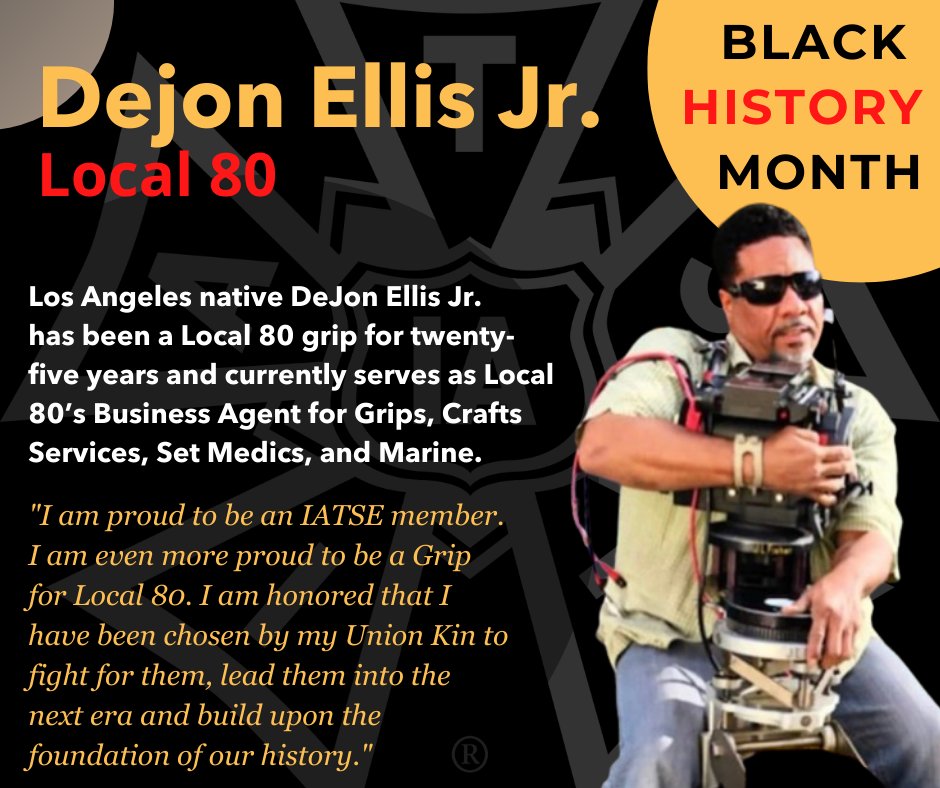 IATSE's tweet photo. Join us today in celebrating Local 80 Business Agent 
Dejon Ellis Jr. 

Dejon currently serves as a Member-At-Large for the @IATSE_DEI Committee and has been a proud IA member for 25 years. 

#BlackHistoryMonth #UnionMember https://t.co/HmVSpLCT0u